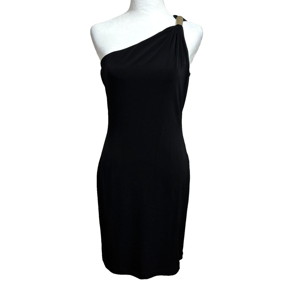 Calvin Klein One Shoulder Dress Black Gold Hardware Cocktail Party LBD 4